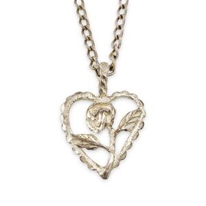 Vintage Sterling Silver Rose Flower Heart Pendant Necklace 18” Flat Curb Chain